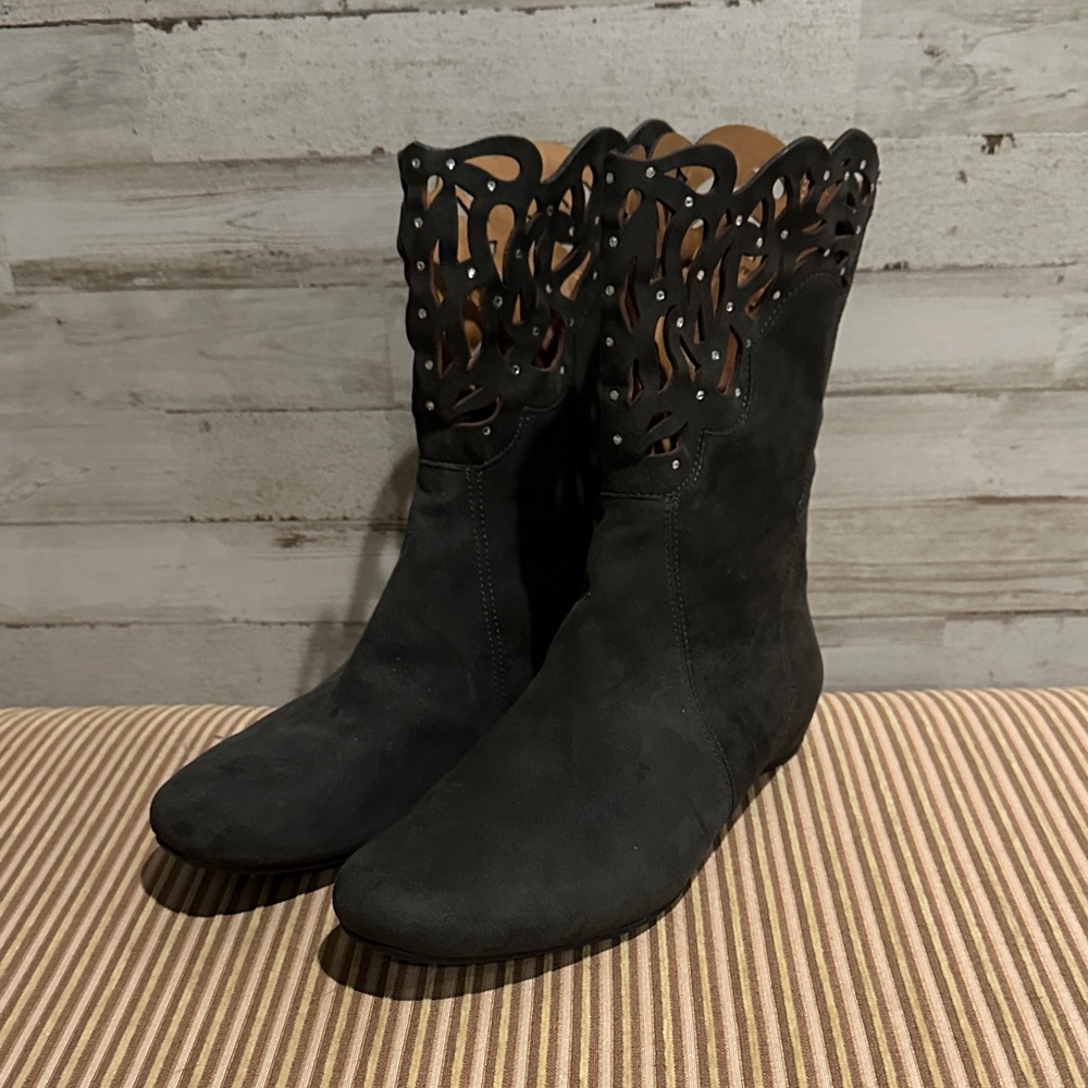 Carthies Dark Grey Perforated Studded Zip Up Boho Mid Calf Women's Boots